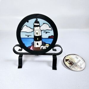 Stained Glass White Lighthouse With Black Trim Metal Tea Candle Votive Holder